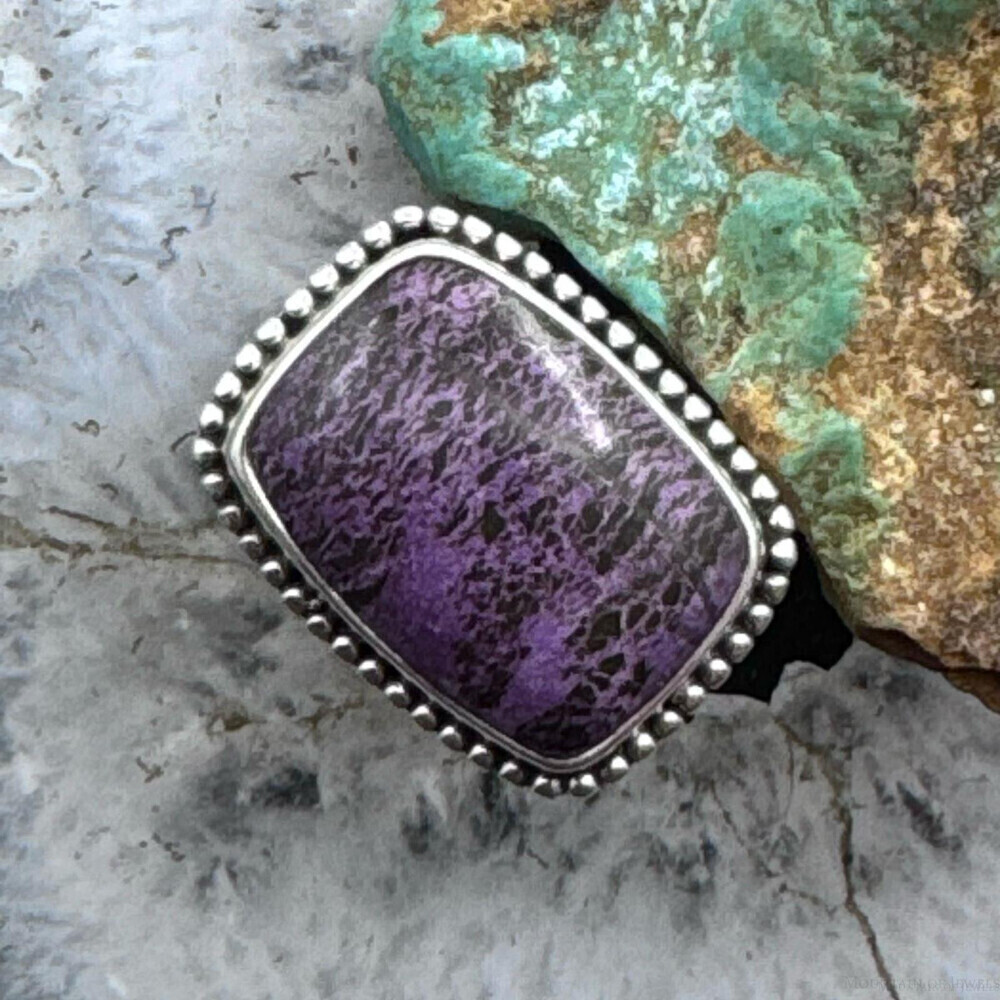 Sterling Southwestern Style Purpurite Decorated Bar Ring Size 8 For Women